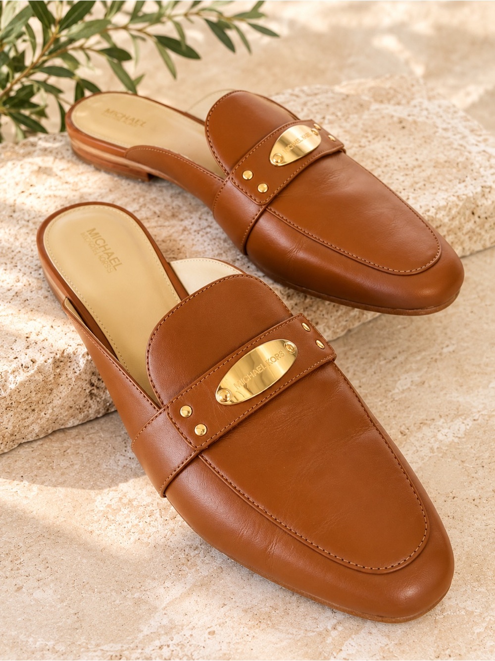 MK Michael Kors Plate Mule Gold Logo Brown Leather Slip On Mules Shoes SIZE 9
